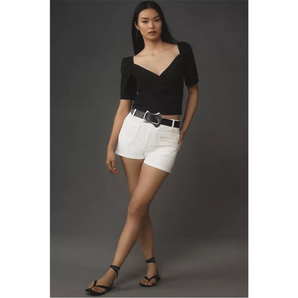 NWOT By Anthropologie Black Puff Sleeve Wrap Top Short Blouse Size M - Picture 2 of 4